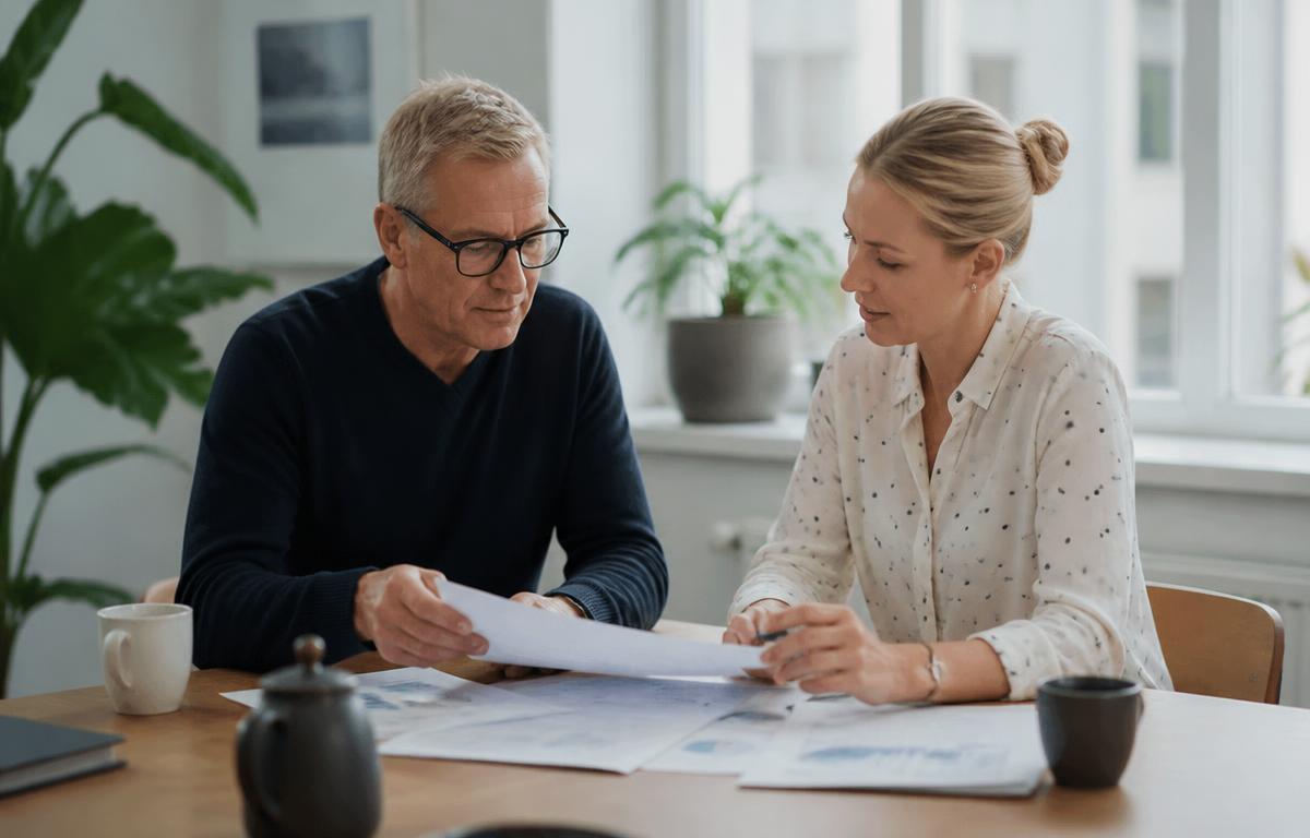 To bedriftseiere som går gjennom finansielle rapporter